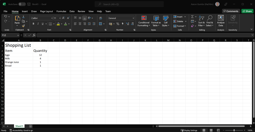 A screenshot of Excel being used to create a shopping list.