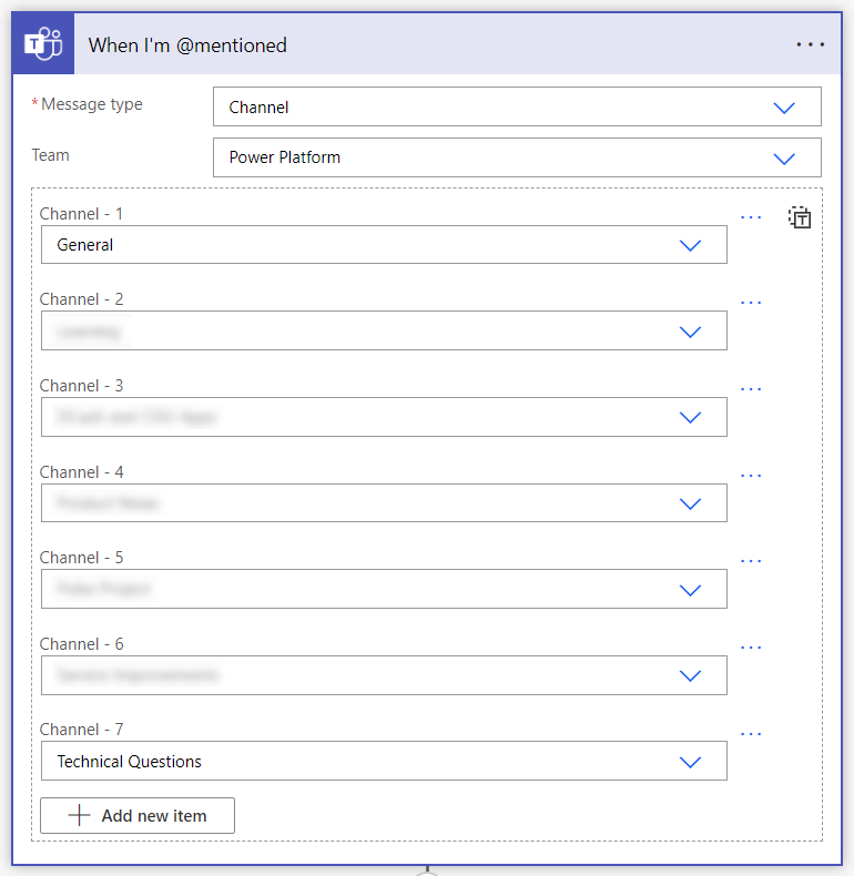 A screenshot of the Microsoft Teams Power Automate Connector, where I'm using the 'When I'm @mentioned' trigger for my cloud flow for a Team called Power Platform with 7 Channels selected.